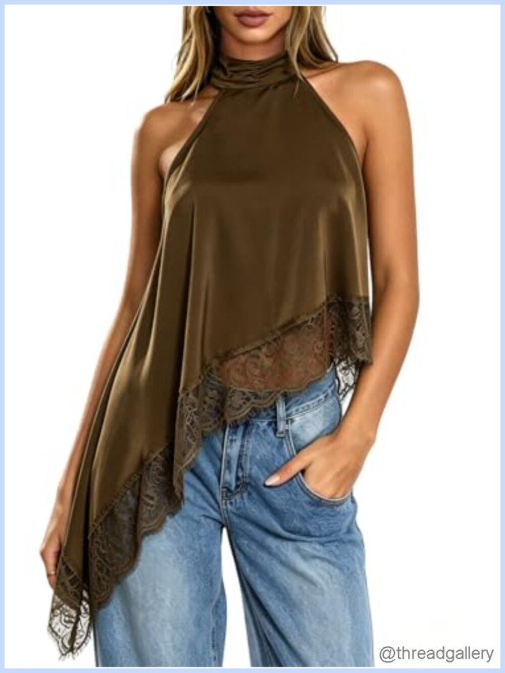 Satin Halter Neck Lace Asymmetrical Hem Sleeveless Tank Top